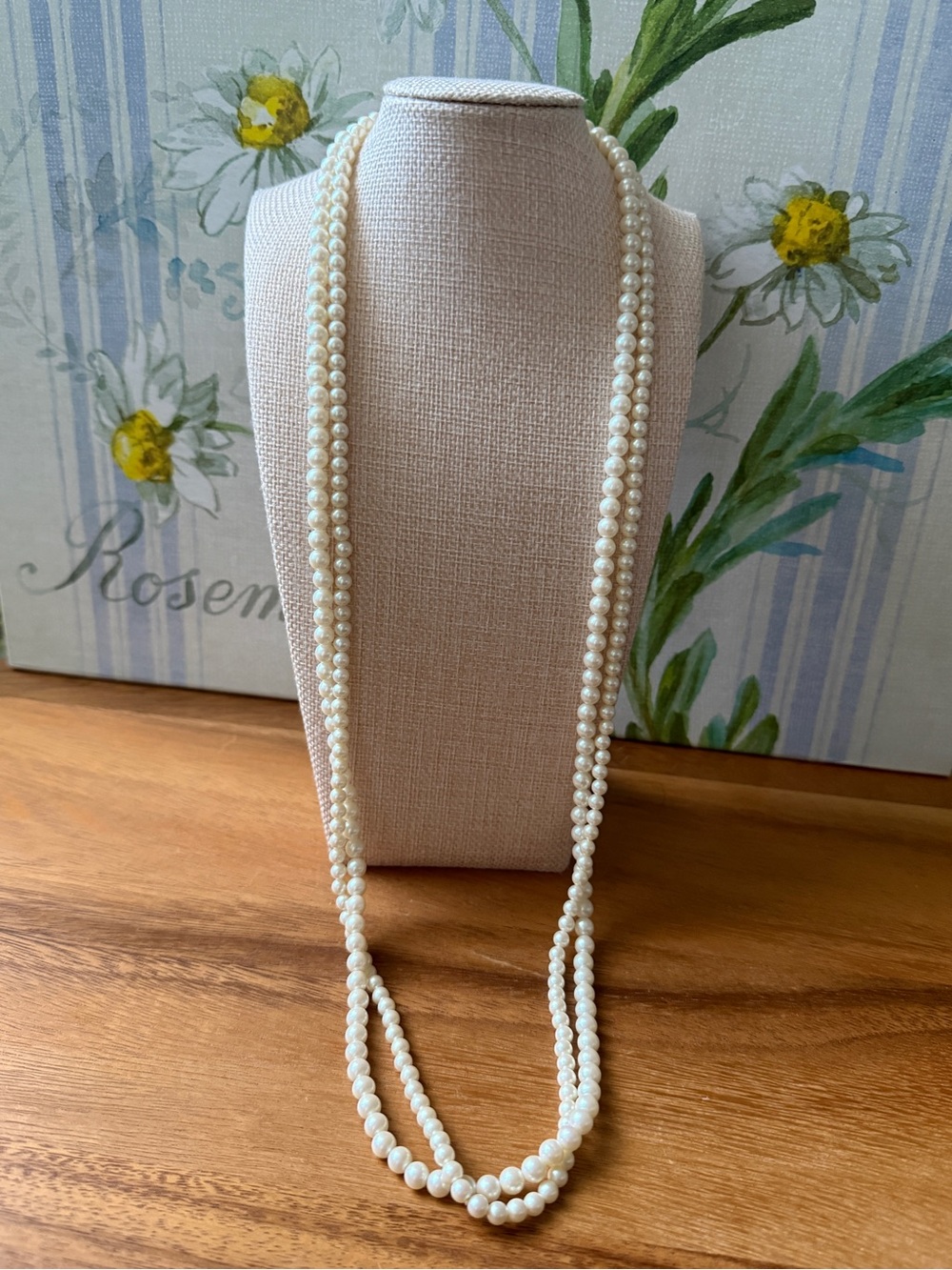 Vintage long layered white faux pearl beaded necklace